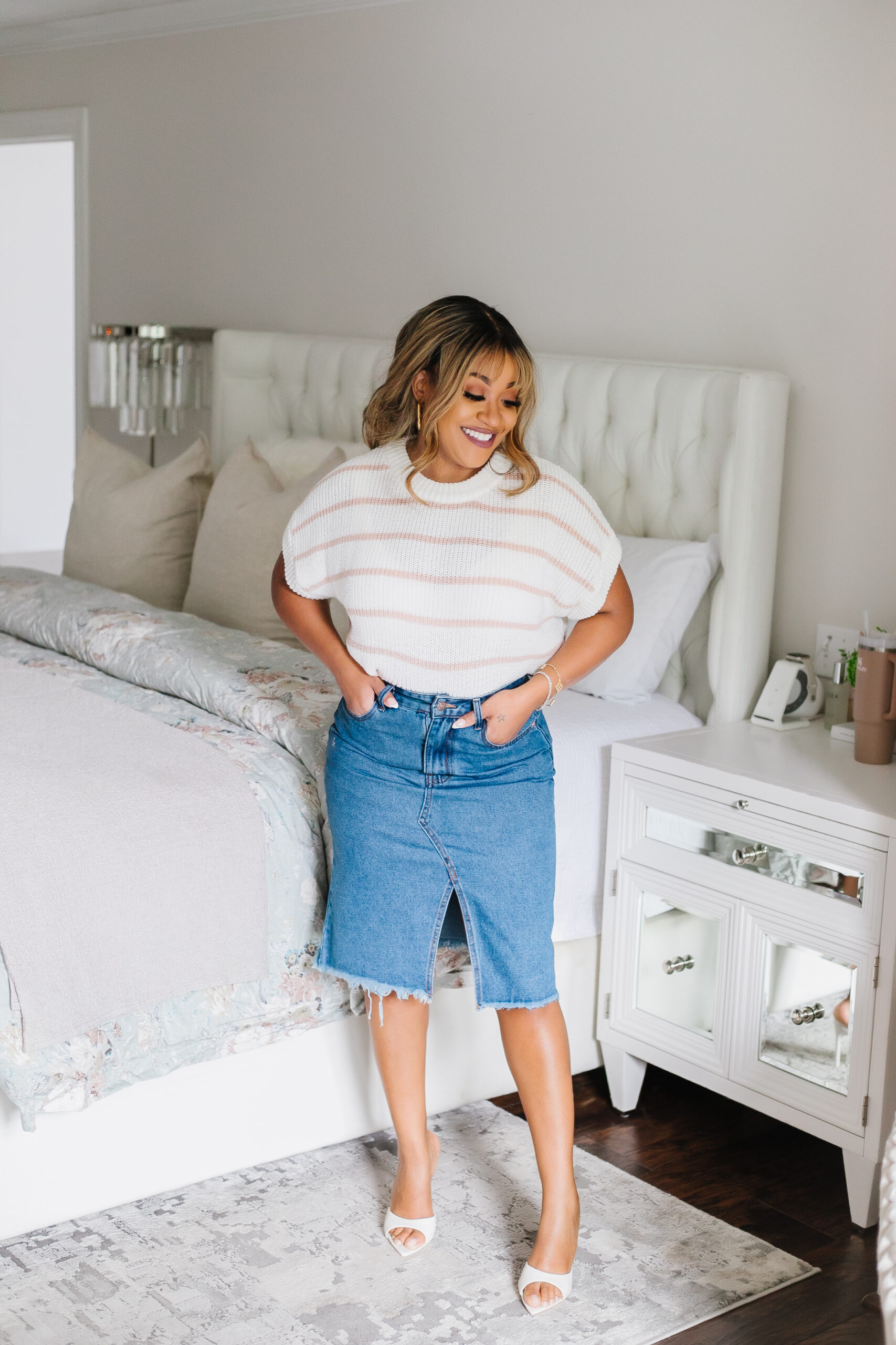 how to style denim midi skirt